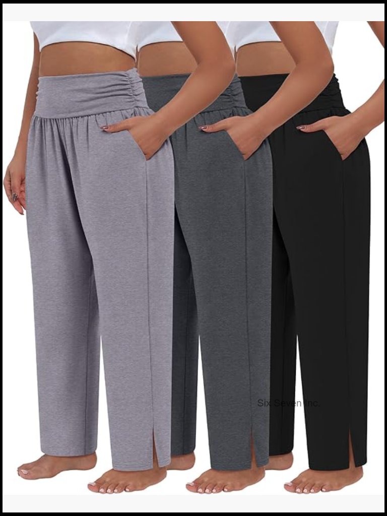 3 Pack Plus Size Wide Leg Palazzo Pants With Pockets & Side Slit